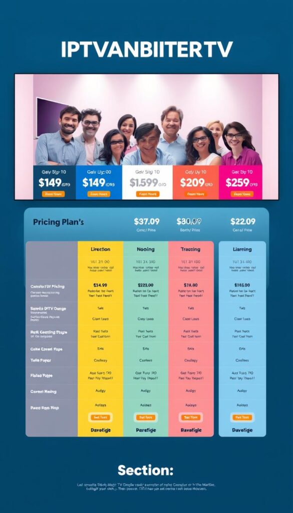 A vibrant and visually appealing illustration of various IPTVANBIETERTV pricing plans, showcasing a clean and organized layout. The foreground features a sleek and modern table displaying different subscription options, each with clear pricing details and icons denoting the included features. The middle ground showcases a group of happy customers, representing the diverse demographic the plans cater to. The background depicts a minimalist, yet sophisticated setting with soft lighting, accentuating the premium and trustworthy nature of the IPTVANBIETERTV brand. The overall composition conveys a sense of accessibility, value, and reliability, aligning with the article's subject and section title.