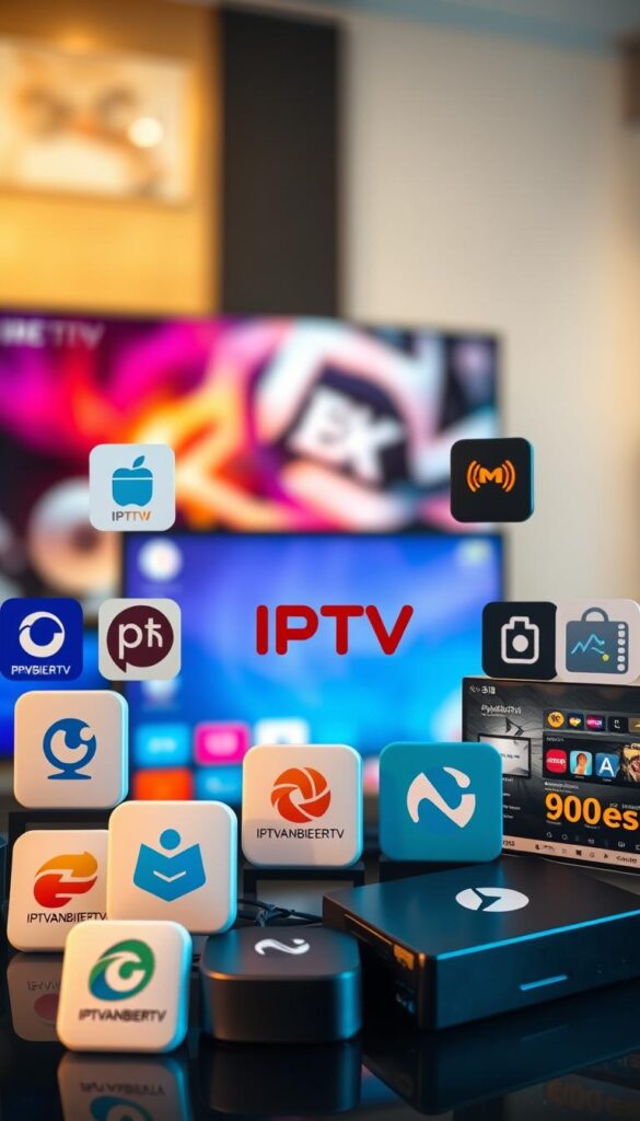 A vibrant and visually appealing image of various IPTV apps and software, arranged in a dynamic composition. The foreground features several app icons and logos, including the prominent "IPTVANBIETERTV" brand, displayed with a sleek, modern aesthetic. The middle ground showcases a selection of smart TV interfaces and streaming device interfaces, highlighting the versatility of IPTV solutions. The background depicts a blurred, yet visually interesting environment, such as a living room or home entertainment setup, to convey the integration of IPTV into the everyday living space. The lighting is soft and warm, creating a comfortable and inviting atmosphere. The overall image should convey a sense of seamless integration, user-friendliness, and the expansive content offerings of IPTV platforms.