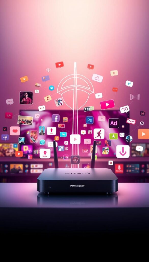 A vibrant and visually captivating illustration of "IPTV Sender und Inhalte". In the foreground, a sleek and modern IPTVANBIETERTV device sits prominently, its clean lines and minimalist design evoking a sense of technological sophistication. Surrounding it, a diverse array of digital content icons - movies, TV shows, live sports, and more - float effortlessly, creating a dynamic and engaging visual composition. In the middle ground, a network of signal waves and data streams intertwine, conveying the seamless connectivity and content delivery of the IPTV system. The background is bathed in a soft, warm glow, suggesting a cozy and inviting atmosphere for the viewer to immerse themselves in the rich IPTV experience. The overall scene exudes a sense of technological prowess, entertainment, and user-friendly accessibility.