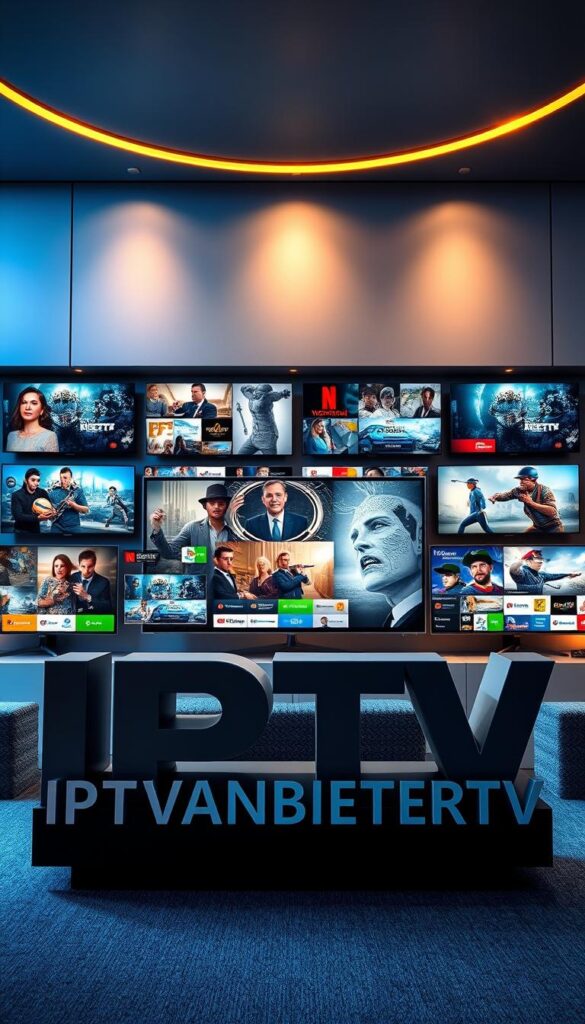 A vibrant and visually captivating image of "IPTV Angebot" showcasing a diverse range of high-quality television programming. Set against a sleek, modern backdrop, the image features a sophisticated color palette of blues, grays, and accents of gold, creating a premium and refined aesthetic. The foreground prominently displays the IPTVANBIETERTV brand name, rendered in a bold, striking typeface that commands attention. In the middle ground, an array of television screens presents a curated selection of popular channels and content, reflecting the extensive programming options available. The background subtly hints at the technological infrastructure supporting the IPTV service, with subtle digital elements and a sense of interconnectivity. The overall composition conveys a sense of quality, reliability, and the promise of a comprehensive entertainment experience for the viewer.