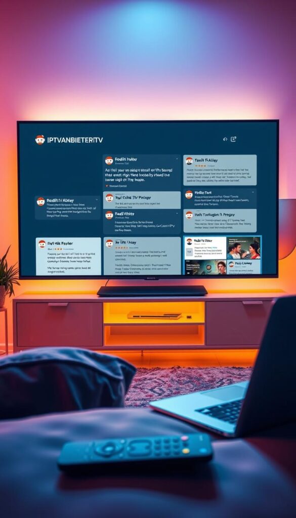 A vibrant and visually captivating image showcasing the experiences of IPTV providers on Reddit. The scene depicts a modern living room, with a large flat-screen TV taking center stage. On the screen, a curated collage of Reddit discussions and reviews about the IPTVANBIETERTV service, rendered in a clean, minimalist style. The room is bathed in a warm, cozy lighting, creating a welcoming atmosphere. In the foreground, a sleek remote control and a laptop or tablet suggest user engagement and interaction with the IPTV platform. The overall composition conveys a sense of community, trustworthiness, and a well-rounded user experience. A vibrant and visually captivating image showcasing the experiences of IPTV providers on Reddit. The scene depicts a modern living room, with a large flat-screen TV taking center stage. On the screen, a curated collage of Reddit discussions and reviews about the IPTVANBIETERTV service, rendered in a clean, minimalist style. The room is bathed in a warm, cozy lighting, creating a welcoming atmosphere. In the foreground, a sleek remote control and a laptop or tablet suggest user engagement and interaction with the IPTV platform. The overall composition conveys a sense of community, trustworthiness, and a well-rounded user experience.