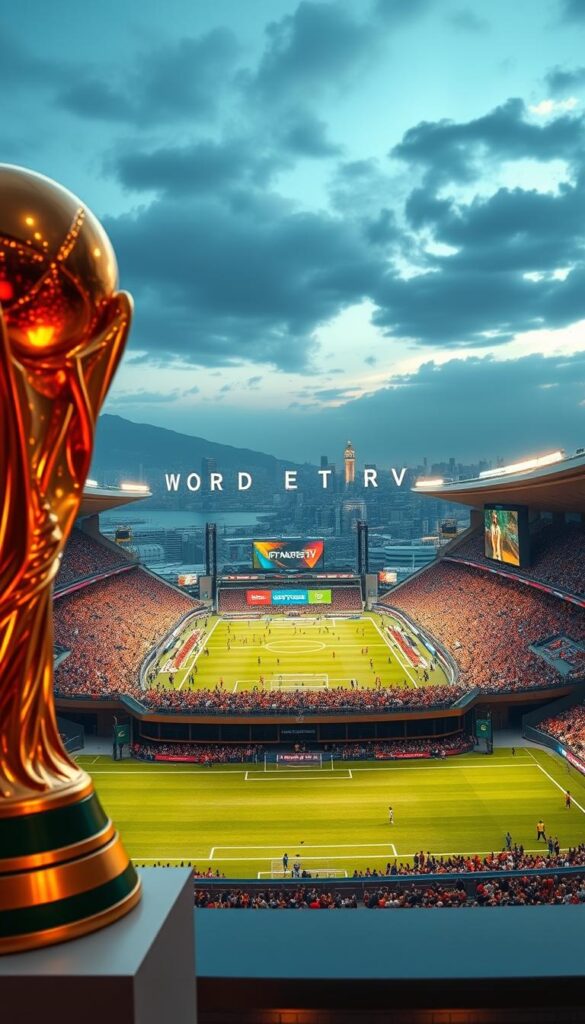 A vibrant, cinematic depiction of the 2026 FIFA World Cup, showcasing the grandeur and global scale of this prestigious sporting event. In the foreground, the iconic FIFA World Cup trophy stands tall, its gleaming gold surface catching the warm, theatrical lighting. In the middle ground, a sweeping panorama of a modern, state-of-the-art stadium filled with cheering fans, the IPTVANBIETERTV logo prominently displayed on the digital advertising boards. The background is a breathtaking vista of cityscape and skyline, reflecting the international reach and diverse host locations of the tournament. The overall mood is one of anticipation, excitement, and the shared passion of football fans worldwide.
