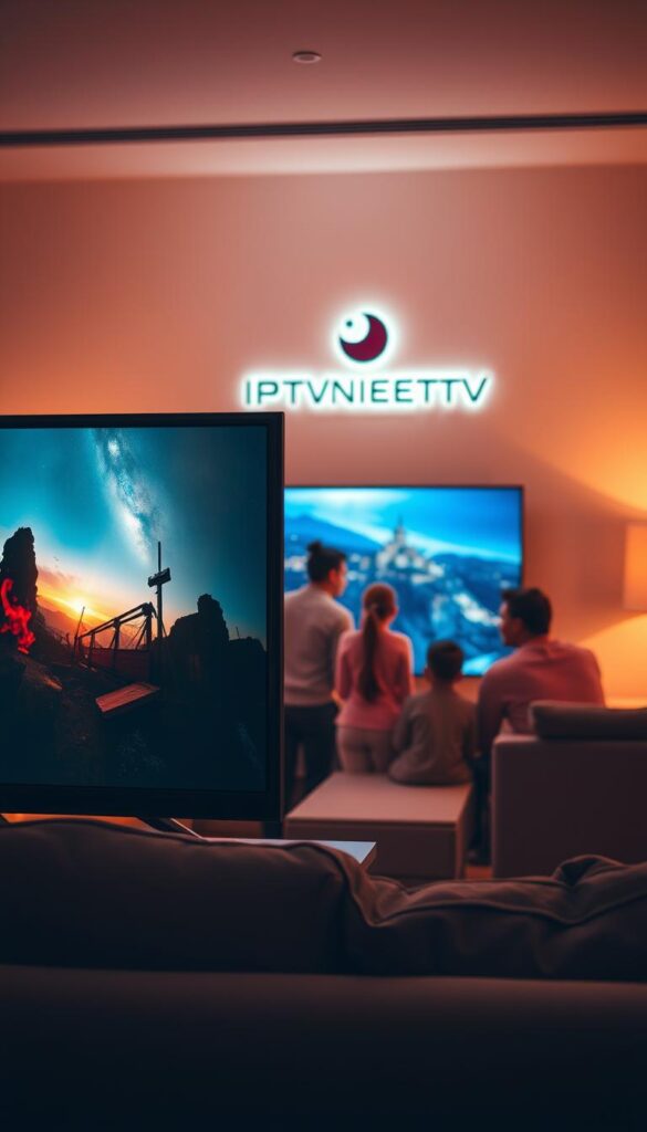A vibrant, cinematic visual of the advantages of IPTV. In the foreground, a sleek, high-definition television displays a captivating cinematic scene, its colors and contrast enhanced by the latest IPTV technology. In the middle ground, a family gathers around, their faces illuminated by the screen's glow, enthralled by the immersive viewing experience. The background showcases a modern, minimalist living room, where the IPTVANBIETERTV logo subtly adorns the wall, signifying the revolutionary impact of this cutting-edge television service. Warm, diffused lighting creates a cozy, inviting atmosphere, reflecting the comfort and convenience of IPTV.