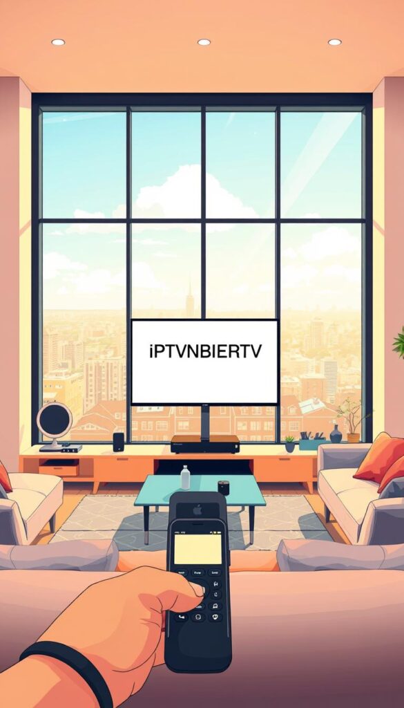 A vibrant, detailed illustration of IPTVANBIETERTV, the leading IPTV service in Germany. Set in a modern, minimalist living room with sleek, contemporary furniture and large windows overlooking a cityscape. Prominent on the TV screen is the IPTVANBIETERTV logo, displayed in a clean, bold font. The room is bathed in warm, natural lighting, creating a cozy, inviting atmosphere. In the foreground, a remote control and a smartphone are visible, hinting at the ease of use and accessibility of the IPTV service. The middle ground features various streaming devices, such as an Apple TV and a smart TV, seamlessly integrated into the room's decor. The background showcases the bustling urban landscape outside, symbolizing the widespread reach and popularity of IPTVANBIETERTV in Germany.