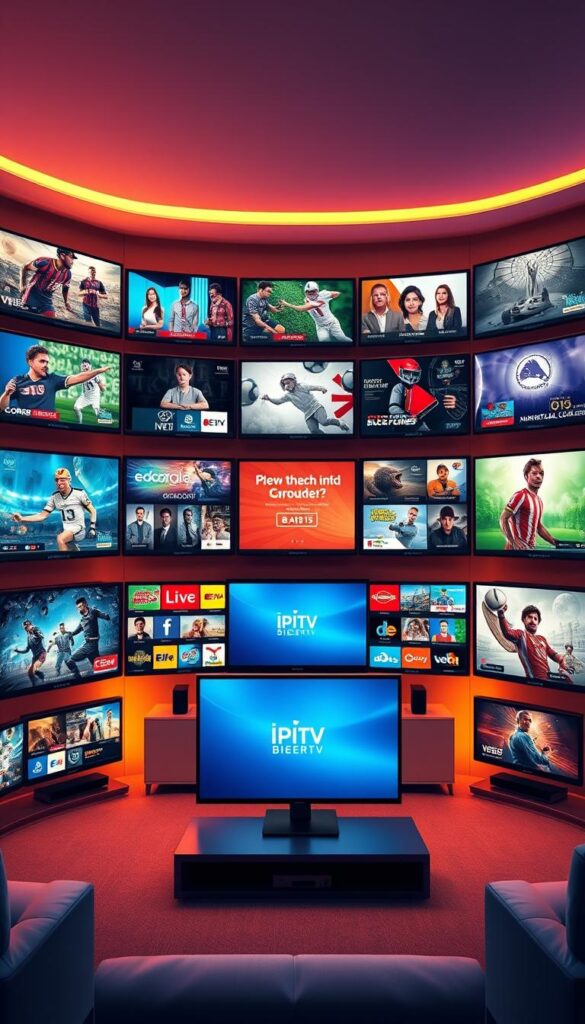 A vibrant, detailed illustration of an extensive IPTV channel lineup, showcasing the comprehensive offering of IPTVANBIETERTV. Set in a sleek, modern media room, the image features rows of high-definition television screens displaying a diverse array of content, from news and sports to movies and entertainment. The channels are presented in a grid-like layout, with clear icons and labels, conveying the breadth and depth of the IPTV service. Warm, diffused lighting creates a cozy, inviting atmosphere, while a subtle gradient background adds depth and visual interest. The overall composition emphasizes the expansive nature of the IPTV channel selection, positioning IPTVANBIETERTV as a premier provider in the German market.