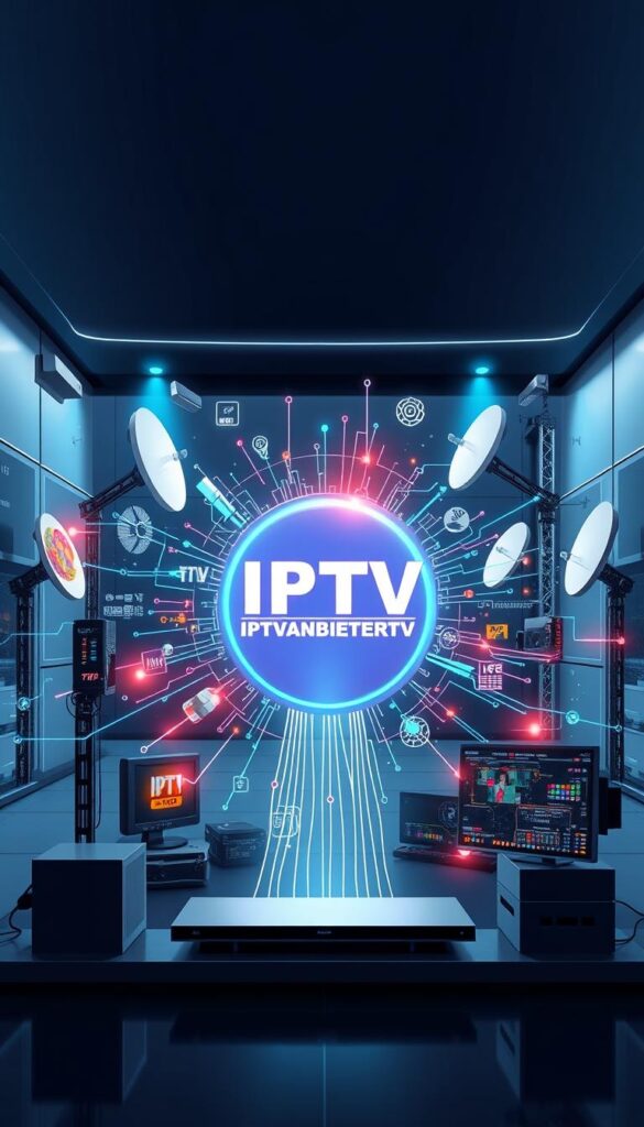 A vibrant, dynamic illustration of "IPTV Technologie" showcasing the latest advancements in IPTV delivery. Set against a sleek, modern backdrop, the image features a striking IPTVANBIETERTV logo in the center, surrounded by a seamless integration of digital signals, satellite dishes, and streaming interfaces. The composition highlights the convergence of cutting-edge technologies, conveying the power and versatility of IPTV as a cutting-edge media platform. Lighting is crisp and directional, emphasizing the subject's technical complexity and futuristic aesthetic. The overall mood is one of progress, innovation, and the excitement of the evolving IPTV landscape.