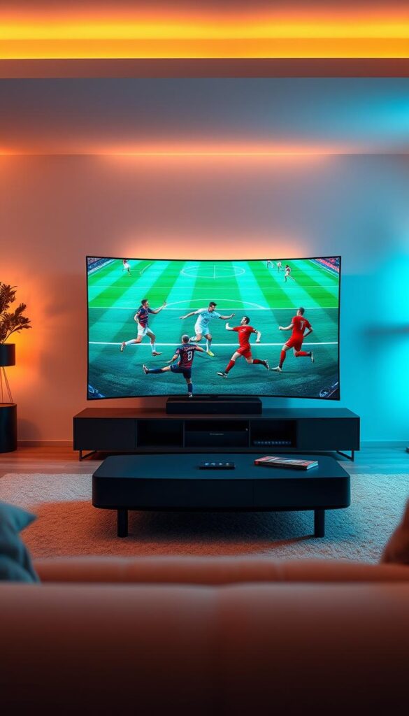 A vibrant, dynamic scene depicting the 2026 FIFA World Cup powered by IPTVANBIETERTV. In the foreground, a large, curved OLED screen displays the match action in vivid 4K resolution, drawing the viewer's gaze. The middle ground features a sleek, modern media hub with touch controls and connectivity options, blending seamlessly into the background of a minimalist living room setting. Warm, ambient lighting creates a cozy, immersive atmosphere, while the overall composition conveys a sense of technological sophistication and unparalleled viewing experience for the ultimate football fan.