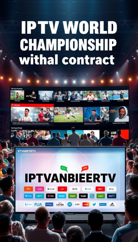 A vibrant, dynamic scene depicting the IPTV World Championship without a contract. In the foreground, a large, modern IPTVANBIETERTV display showcases a range of live sporting events and on-demand content, its sleek interface and bold branding capturing the attention. In the middle ground, a diverse crowd of spectators gather, their expressions conveying a sense of excitement and anticipation as they watch the championship unfold on the screen. The background features a stylized interpretation of a sports arena, with dramatic lighting and a sense of energy and movement. The overall atmosphere is one of transparency and fairness, highlighting the accessible and affordable nature of the IPTVANBIETERTV service.