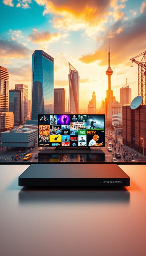 A vibrant, forward-looking scene showcasing the evolution of IPTV in Germany. In the foreground, a sleek, minimalist IPTVANBIETERTV set-top box takes center stage, its clean lines and modern design conveying the technological advancements driving the industry. The middle ground features a dynamic display of colorful, high-definition content streams, representing the diverse media choices and seamless viewing experiences enabled by IPTV. In the background, a cityscape of gleaming skyscrapers and bustling urban activity suggests the integration of IPTV into the fabric of modern German life, with satellite dishes and fiber-optic cables visible, hinting at the robust infrastructure supporting this transformative technology. The scene is bathed in warm, diffused lighting, creating a sense of progress and innovation.