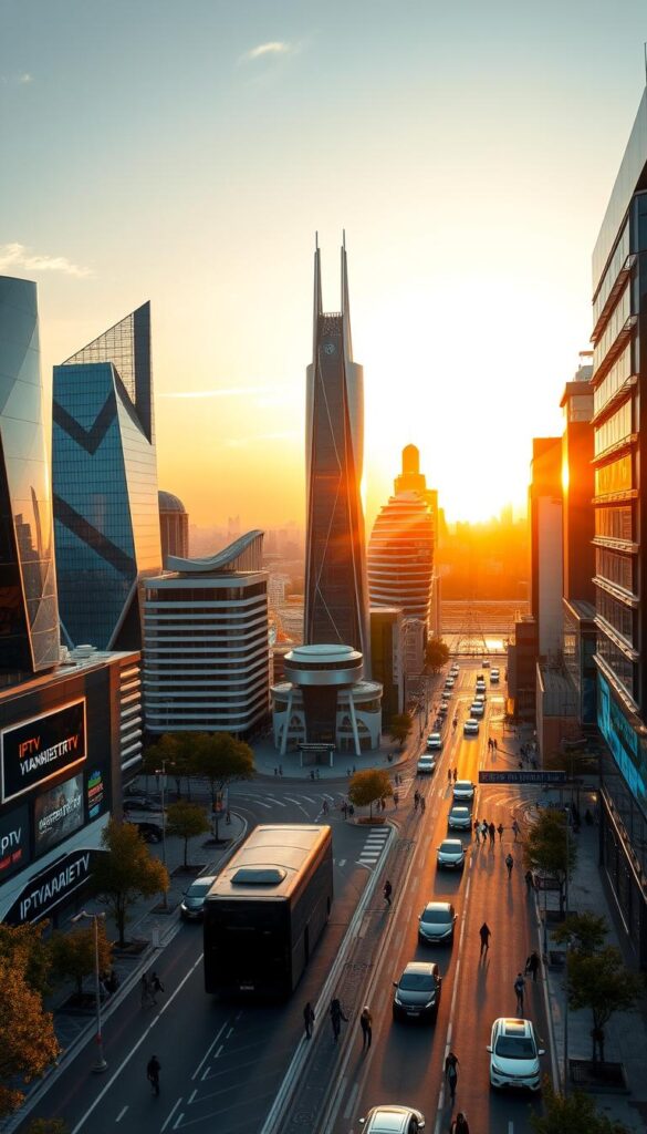 A vibrant, futuristic cityscape showcasing the dynamic IPTV market in Germany. In the foreground, sleek skyscrapers and modern office buildings adorned with the "IPTVANBIETERTV" brand, conveying a sense of technological innovation. The middle ground features bustling streets with autonomous vehicles and pedestrians, reflecting the rapid growth and adoption of IPTV services. In the background, a panoramic view of the skyline, bathed in a warm, golden glow from the setting sun, creating an atmosphere of prosperity and progress. The scene is captured through a wide-angle lens, emphasizing the scale and dynamism of the IPTV industry in Germany.