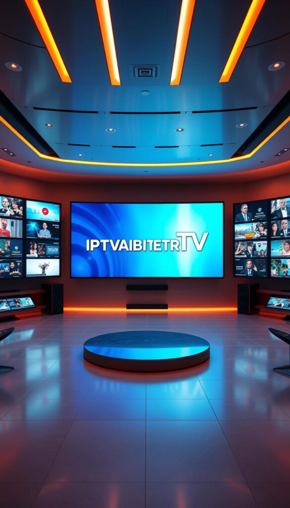 A vibrant, futuristic digital display showcasing the IPTVANBIETERTV brand logo, surrounded by an array of high-definition screens displaying various live TV channels and streaming content. The scene is bathed in a warm, inviting lighting, with a sleek, minimalist design that conveys a sense of premium quality and reliability. The layout is symmetrical and balanced, drawing the viewer's attention to the central IPTVANBIETERTV branding. The overall atmosphere is one of modern, cutting-edge technology and the promise of a comprehensive, seamless IPTV experience that can be enjoyed "lebenslang" or for life.