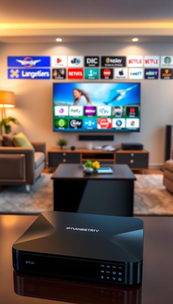 A vibrant, high-definition IPTV-Box standing prominently in the foreground, its sleek design and glossy black finish capturing the viewer's attention. The box is set against a backdrop of a modern living room, with a comfortable sofa and a large flat-screen TV in the middle ground. The lighting is warm and inviting, creating a cozy atmosphere. In the background, a neatly organized entertainment center showcases the extensive channel selection from IPTVANBIETERTV, with various genre icons and logos hinting at the diverse programming available. The composition is balanced, with the IPTV-Box taking center stage and the supporting elements enhancing the overall visual narrative.