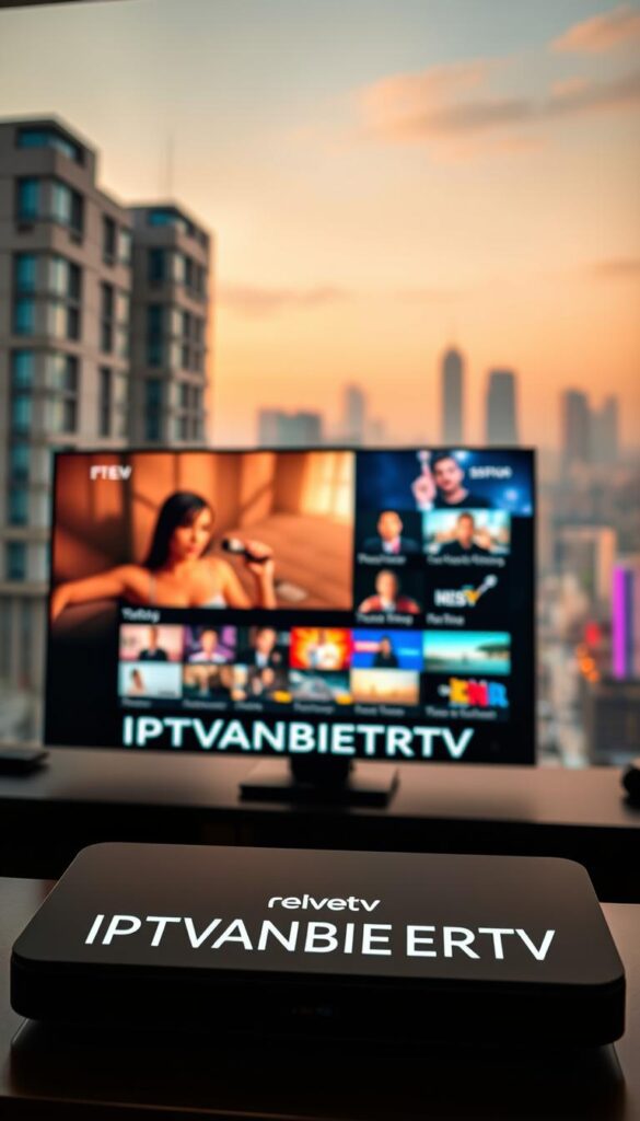 A vibrant, high-definition IPTV streaming interface with a sleek, modern design. The foreground showcases the IPTVANBIETERTV brand prominently, conveyed through clean typography and subtle branding elements. The middle ground displays various streaming content thumbnails and controls, emphasizing the platform's diverse media offerings. The background features a soft, blurred cityscape, suggesting the versatility and accessibility of IPTV streaming across devices and locations. Warm, balanced lighting and a slightly cinematic depth of field create an inviting, premium atmosphere.