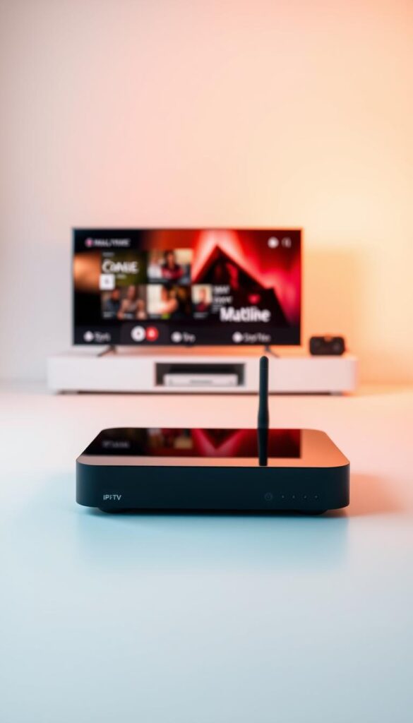 A vibrant, high-definition image of a sleek, modern IPTVANBIETERTV set-top box in a minimalist, well-lit studio setting. The device is positioned prominently in the foreground, its glossy black exterior reflecting the soft, warm lighting. The background is a clean, white backdrop, allowing the device to take center stage. The image conveys a sense of sophistication and technological prowess, perfectly suited to illustrate the "Programmvielfalt und Senderangebot" section of the article on smart IPTV providers in Germany.