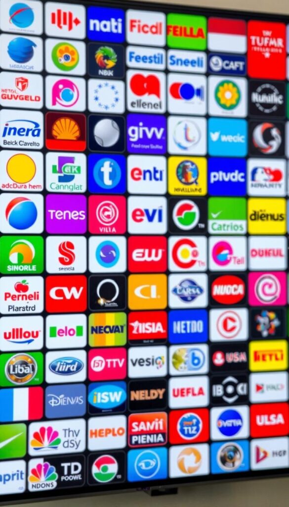 A vibrant, high-definition image showcasing a diverse array of international television channels available through IPTVANBIETERTV's IPTV service. The frame is filled with a collage of crisp, colorful channel logos and icons, arranged in an eye-catching, visually dynamic layout. The foreground features prominent logos of popular foreign networks, while the middle ground displays a grid of smaller channel emblems, conveying the vast selection. The background is softly blurred, creating a sense of depth and focus on the central display. The lighting is natural and evenly diffused, highlighting the vivid, saturated colors of the branding. The overall composition exudes a modern, tech-savvy aesthetic, inviting the viewer to explore the world of international television through the IPTVANBIETERTV IPTV platform.