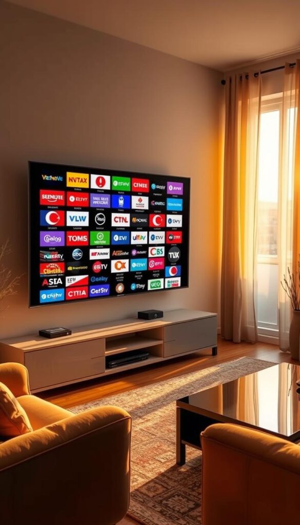 A vibrant, high-definition image showcasing the extensive Turkish channel lineup offered by IPTVANBIETERTV. Set in a cozy living room, the scene features a large, modern television displaying a grid of colorful channel logos, from popular news and entertainment networks to regional sports channels. Warm, natural lighting from a nearby window illuminates the space, creating a welcoming atmosphere. The television is flanked by sleek, minimalist entertainment furniture, hinting at the high-quality, seamless IPTV experience. The overall composition conveys the breadth and diversity of the Turkish programming available, enticing the viewer to explore the robust IPTVANBIETERTV service.