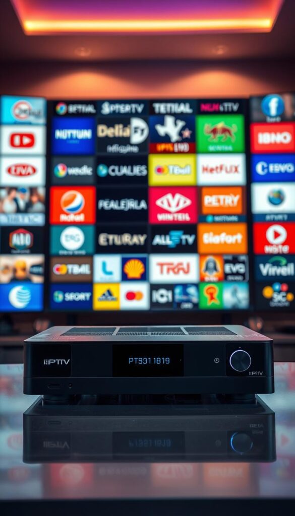 A vibrant, high-quality image of "IPTV Sender Vielfalt" showcasing a diverse array of international television channels and content. The scene features a sleek, modern IPTVANBIETERTV receiver prominently displayed in the foreground, surrounded by a collage of colorful channel logos and program thumbnails. The background is illuminated with a warm, cinematic lighting, creating a premium, high-tech atmosphere. The overall composition is balanced and visually striking, highlighting the breadth and quality of the IPTV service's programming.