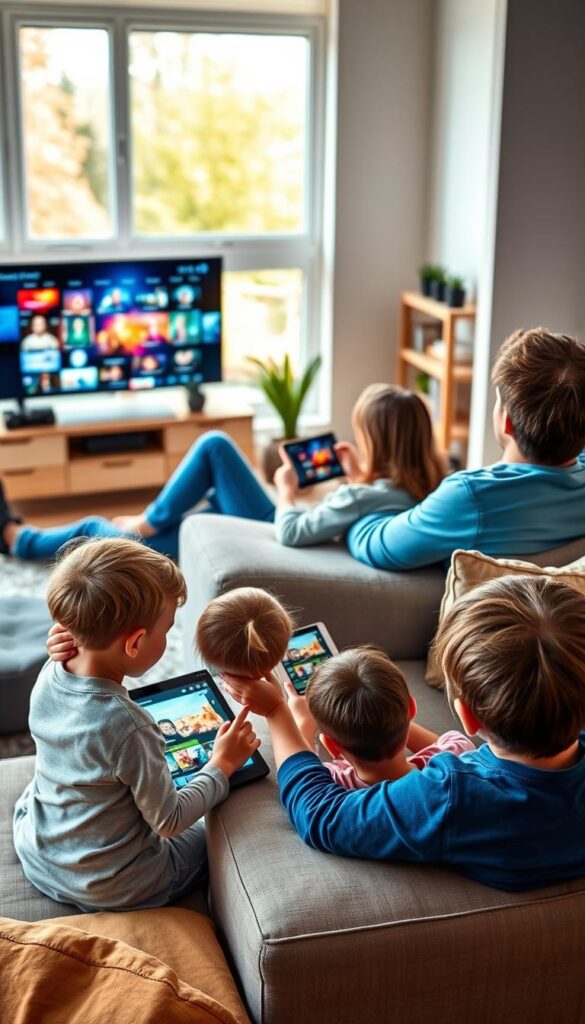 A vibrant, high-quality scene depicting a family enjoying a seamless IPTV experience on multiple devices simultaneously. In the foreground, a young couple lounging on a comfortable couch, their attention absorbed by sleek, modern smart TVs displaying crisp, vivid content. In the middle ground, their children excitedly sharing a tablet, accessing a wide variety of channels and streaming services provided by IPTVANBIETERTV. The background showcases a warm, inviting living room with large windows, allowing natural light to flood the space and create a cozy, relaxed atmosphere. The overall composition conveys a sense of flexibility, convenience, and family entertainment, perfectly capturing the essence of the "Lebenslanger IPTV-Plan" and the "Mehrere Geräte gleichzeitig nutzen" section.