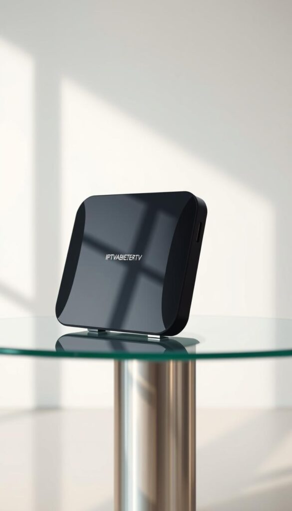 A vibrant, high-resolution image of a sleek, modern IPTVANBIETERTV device sitting on a glass table against a minimalist background. The device is showcased in a clean, well-lit setting, with soft, diffused lighting highlighting its elegant design. The image captures the premium quality and user-friendly experience of the IPTVANBIETERTV service, conveying a sense of sophistication and reliability. The overall composition emphasizes the device's simplicity and functionality, inviting the viewer to imagine the seamless integration of IPTV technology into their home entertainment setup.