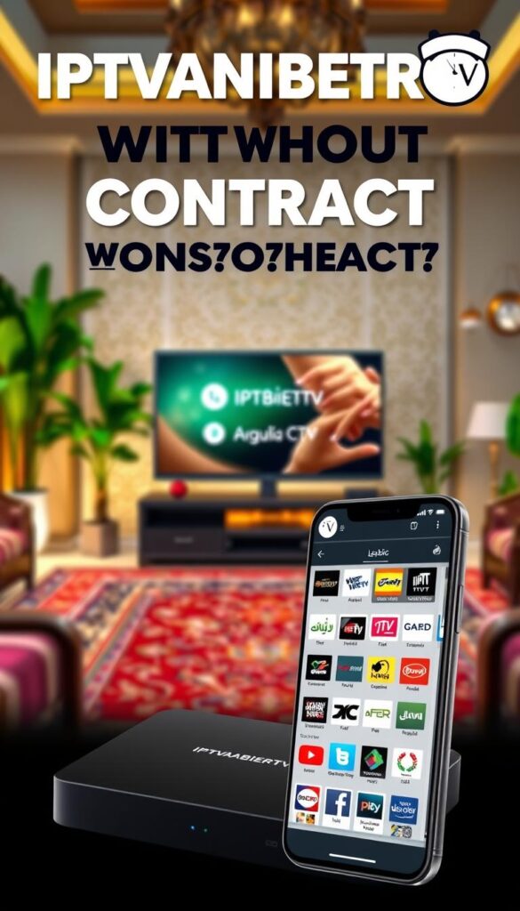 A vibrant, high-resolution image of an IPTV subscription without contract, showcasing the IPTVANBIETERTV brand. The foreground displays a sleek, modern IPTV device against a blurred backdrop of an Arabic-style living room, with ornate rugs, lush plants, and warm lighting. The middle ground features a smartphone displaying the IPTVANBIETERTV interface, highlighting the wide variety of Arabic and international channels available. The background subtly suggests the idea of a lifetime subscription, with a calendar and clocks in the corners. The overall composition conveys a sense of luxury, convenience, and the boundless entertainment options provided by the IPTVANBIETERTV service.