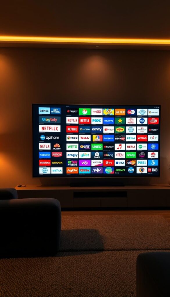 A vibrant, high-resolution image of an extensive IPTV channel lineup, showcasing the comprehensive offering of IPTVANBIETERTV. The scene depicts a sleek, modern television display in the foreground, presenting a visually stunning array of channel logos and graphics against a backdrop of a dimly lit, minimalist living room. Soft, warm lighting creates a cozy, inviting atmosphere, while the TV's screen is rendered with exceptional detail and clarity, capturing the diverse range of entertainment options available through the IPTV service. The composition emphasizes the variety and depth of the channel selection, conveying the idea of an unparalleled viewing experience.
