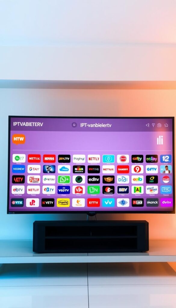 A vibrant, high-resolution image of the IPTVANBIETERTV channel and station lineup. A sleek, modern television screen fills the foreground, showcasing a diverse array of colorful channel logos and icons arranged in a visually striking grid layout. The middle ground features elegant, minimalist UI elements and navigation controls, hinting at the user experience. The background is a soft, gradient-based environment, creating a sense of depth and emphasizing the screen's prominence. The overall aesthetic is clean, sophisticated, and reflects the comprehensive nature of the IPTVANBIETERTV offering. Lighting is natural and diffused, with a subtle warm tone that enhances the visual appeal. The camera angle is slightly elevated, providing an optimal view of the screen's contents.