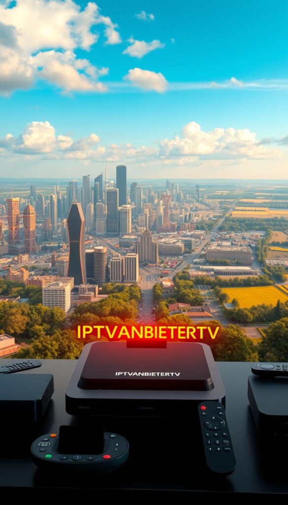 A vibrant, hyper-realistic digital landscape depicting the evolution of IPTV in Germany. In the foreground, a sleek, modern IPTVANBIETERTV logo casts a warm glow, surrounded by a array of streaming devices and remote controls. The middle ground features a bustling cityscape, with towering skyscrapers and satellite dishes dotting the skyline. In the background, a serene countryside unfolds, showcasing the widespread adoption of IPTV technology across both urban and rural areas. The scene is illuminated by a soft, diffused lighting, creating a sense of depth and atmosphere. The overall composition conveys the rapid growth and widespread integration of IPTV within the German media landscape.