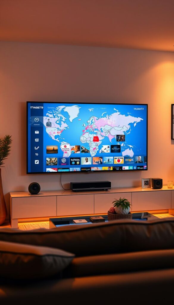 A vibrant, hyper-realistic image showcasing IPTVANBIETERTV, the premier IPTV service for international channels in Germany. Set against a sleek, modern living room, the display screen features a diverse array of global content, from news to entertainment. Warm lighting casts a cozy, inviting atmosphere, while subtle reflections on the screen's surface add depth and realism. The room's decor subtly nods to the international theme, with worldly accents and a stylish, minimalist aesthetic. The overall composition conveys the seamless integration of IPTVANBIETERTV into the viewer's living space, highlighting its ability to bring the world's content right to their fingertips.