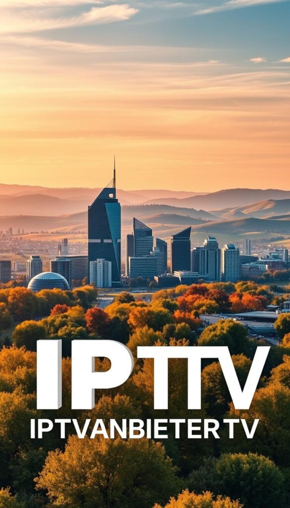 A vibrant landscape depicting the IPTV ecosystem in Germany. In the foreground, the bold and distinct logo "IPTVANBIETERTV" stands out, hinting at the diversity of IPTV providers in the region. The middle ground features a cityscape with modern high-rise buildings, conveying the technological advancement and urban setting. In the background, rolling hills and a tranquil sky create a sense of balance, suggesting the integration of IPTV within the broader German landscape. The scene is illuminated by a warm, golden light, creating a welcoming and inviting atmosphere. The overall composition aims to capture the dynamism and significance of the IPTV industry in Deutschland.