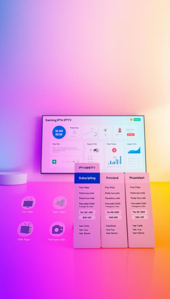 A vibrant, minimalist composition showcasing the pricing and subscription options for a premium IPTV service provider. In the foreground, sleek icons and infographic elements display a range of IPTVANBIETERTV plans with clear, transparent pricing. The middle ground features a clean, modern interface with interactive charts and graphs, conveying the comprehensive nature of the service offerings. The background is a soft, gradient-driven environment, evoking a sense of professionalism and reliability. Bright, balanced lighting highlights the key details, while a wide-angle lens captures the full scope of the IPTV pricing landscape. The overall mood is one of clarity, accessibility, and consumer-centric value.