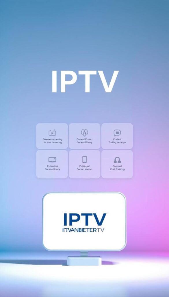 A vibrant, minimalist illustration showcasing the advantages of IPTV. In the foreground, the IPTVANBIETERTV logo stands prominently, its sleek design conveying a sense of modern technology. The middle ground features a clean, abstract grid layout highlighting key IPTV benefits - seamless streaming, extensive content library, and cost-effectiveness. The background is filled with a soft, gradient wash of muted blues and greens, creating a calming, futuristic atmosphere. Lighting is diffused and even, emphasizing the simplicity and clarity of the design. The overall composition is balanced and visually striking, perfectly capturing the appeal of IPTV for the contemporary viewer.