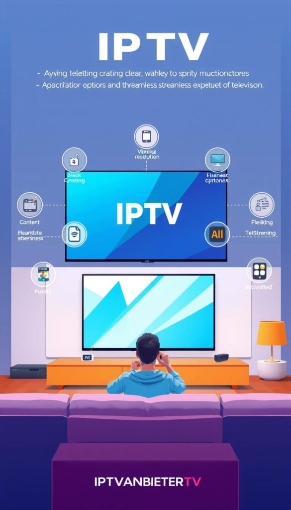 A vibrant, modern illustration showcasing the key advantages of IPTV streaming. In the foreground, a sleek, high-resolution television displays a crystal-clear image, surrounded by icons representing the wide variety of content, customization options, and flexibility of IPTV. In the middle ground, a person comfortably lounges on a stylish sofa, tablet in hand, enjoying the seamless streaming experience. The background features a minimalist, technology-inspired environment with clean lines and a cool color palette, emphasizing the cutting-edge nature of IPTV. The overall scene conveys a sense of convenience, entertainment, and the future of television, with the IPTVANBIETERTV brand prominently displayed.