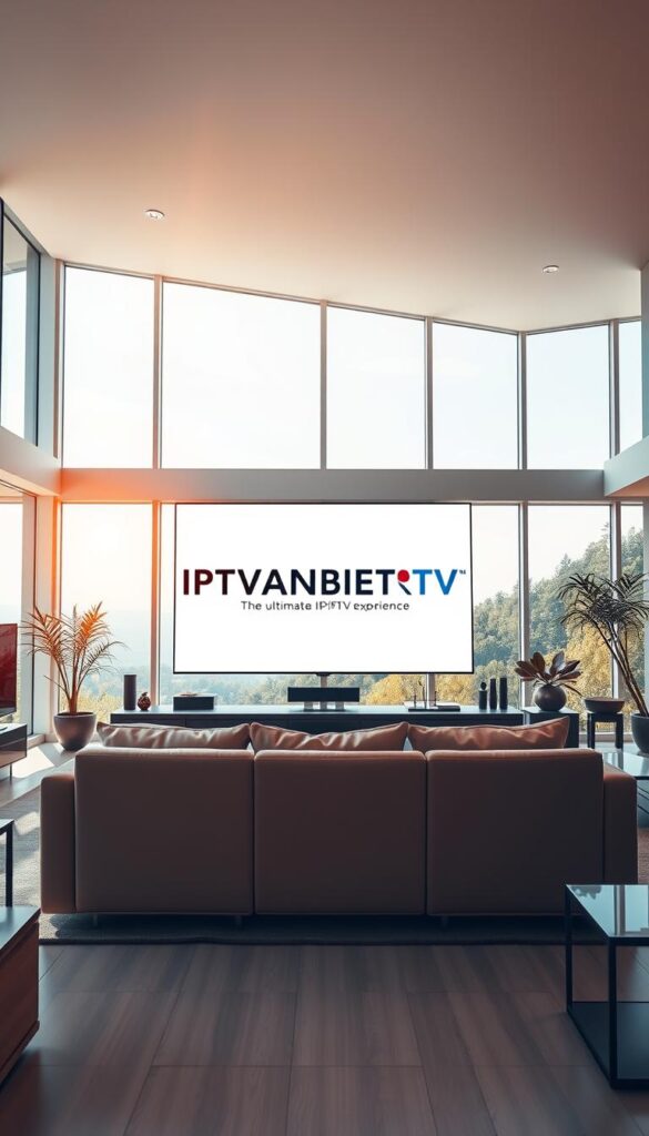 A vibrant, modern living room filled with natural light, showcasing a large, high-definition television screen prominently displaying the IPTVANBIETERTV brand name. In the foreground, a stylish, ergonomic sofa invites viewers to sit back and enjoy the ultimate IPTV experience. The room's decor features a mix of contemporary furniture and sleek, minimalist accents, creating a sophisticated and immersive atmosphere. Warm, directional lighting accentuates the television's crisp, vivid image, while large windows provide a scenic outdoor view, blending the indoor and outdoor spaces. The overall scene conveys a sense of comfort, convenience, and the joy of uninterrupted, lifetime access to a vast array of television content.
