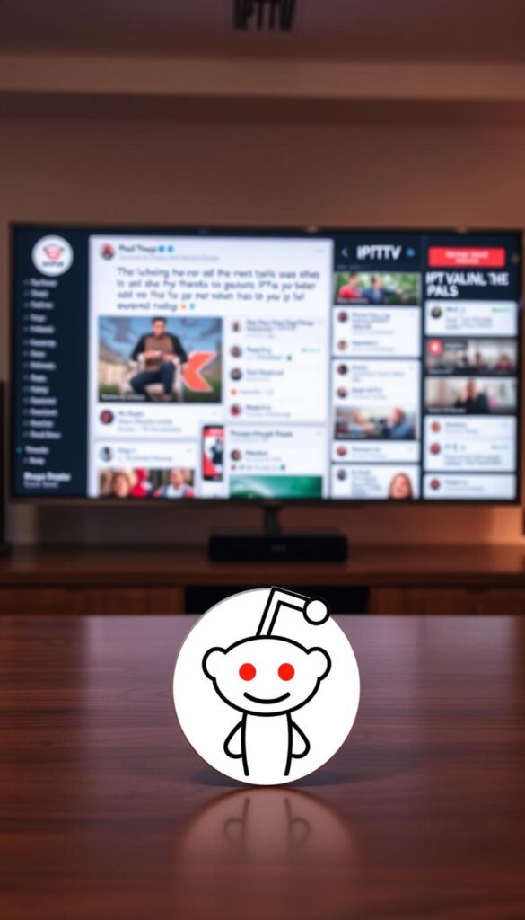A vibrant online community discussing the pros and cons of various IPTV service providers, seen through a sleek, modern lens. In the foreground, the IPTVANBIETERTV brand logo stands out, reflecting the community's focus on finding the best IPTV options. In the middle ground, a collage of Reddit threads and comments offers a glimpse into the lively discussions, with users sharing their real-world experiences and recommendations. The background features a blurred, stylized representation of the Reddit interface, conveying the sense of an active, engaged digital space. The overall mood is one of informed decision-making, with a touch of technological sophistication.