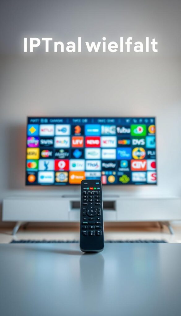 A vibrant, visually captivating image showcasing the "IPTV Kanalvielfalt" (IPTV Channel Diversity). Set against a clean, minimalist background, the foreground features a sleek, modern television screen displaying a diverse array of channel logos and icons, representing the vast selection of content available through the IPTVANBIETERTV service. The screen is bathed in a soft, warm lighting, creating a welcoming and inviting atmosphere. In the middle ground, a simple, yet stylish remote control draws the viewer's attention, symbolizing the ease of navigation and control over the IPTV experience. The background is subtly blurred, allowing the television and remote to take center stage and emphasize the key focus of the image - the abundance of channels and content available through the IPTVANBIETERTV platform.