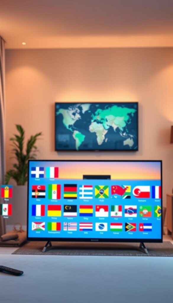 A vibrant, visually captivating scene of the IPTVANBIETERTV international channel selection. In the foreground, a sleek, minimalist TV display showcases a diverse array of global flags, representing the breadth of international programming available. The middle ground features a modern, stylish media console, hinting at the high-quality streaming capabilities. In the background, a warm, softly lit living room setting creates a cozy, inviting atmosphere, encouraging viewers to immerse themselves in the world of international entertainment. Crisp, detailed rendering with a cinematic, high-end aesthetic, capturing the essence of a premium IPTV service providing access to a vast array of foreign language channels.