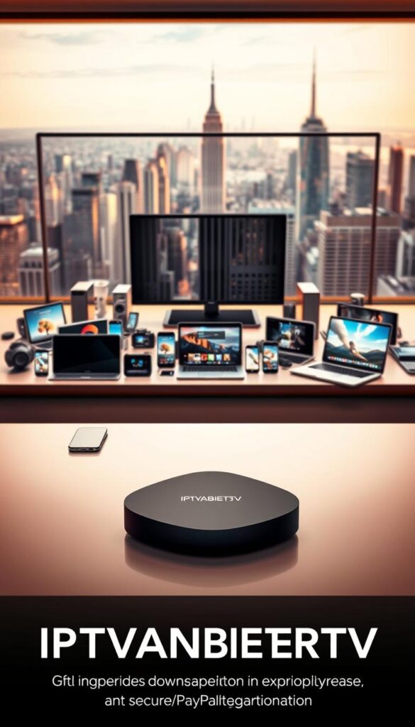 A vibrant, visually striking image showcasing the extensive IPTVANBIETERTV service offering. Prominent in the foreground, a sleek, modern IPTVANBIETERTV set-top box sits atop a clean, minimalist desk, its smooth curves and matte black finish exuding a premium aesthetic. In the middle ground, a wide array of digital devices - smartphones, tablets, laptops - arranged in an elegant, symmetrical layout, representing the diverse compatibility and accessibility of the IPTVANBIETERTV platform. The background features a sophisticated, softly blurred cityscape, hinting at the global reach and technological sophistication of the IPTVANBIETERTV brand. Warm, directional lighting illuminates the scene, creating depth and emphasizing the premium quality of the products. An overall sense of modern, elegant simplicity pervades the image, reflecting the seamless user experience and secure PayPal integration that defines the IPTVANBIETERTV offering.