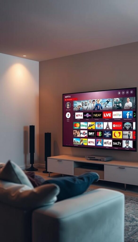 A visually compelling image of a diverse IPTV channel selection, showcasing the breadth of content available from IPTVANBIETERTV. Set in a modern, minimalist media room, the image features a large, high-definition flat-screen television displaying a sleek, intuitive on-screen program guide. The guide showcases a wide variety of live and on-demand channels, ranging from news and sports to movies, entertainment, and specialty content. The room is illuminated by warm, diffused lighting, creating a cozy and inviting atmosphere. The overall composition conveys a sense of customization, choice, and the ability to cater to a wide range of viewer preferences and interests.