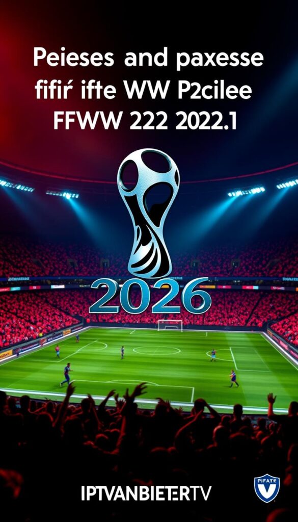 A visually striking and detailed image of the "FIFA WM 2026" logo, showcased against a vibrant, stadium-inspired background. The logo, rendered in a bold, metallic finish, is the focal point, capturing the grandeur and prestige of the upcoming World Cup. The middle ground features a dynamic crowd of spectators, their silhouettes creating a sense of energy and anticipation. In the background, a dramatic, cinematic lighting setup illuminates the scene, casting long shadows and highlighting the architectural elements of the stadium. The overall mood is one of excitement and anticipation, perfectly complementing the "Preise und Pakete für die FIFA WM 2026" section title. The IPTVANBIETERTV brand is prominently displayed in the lower right corner of the image.