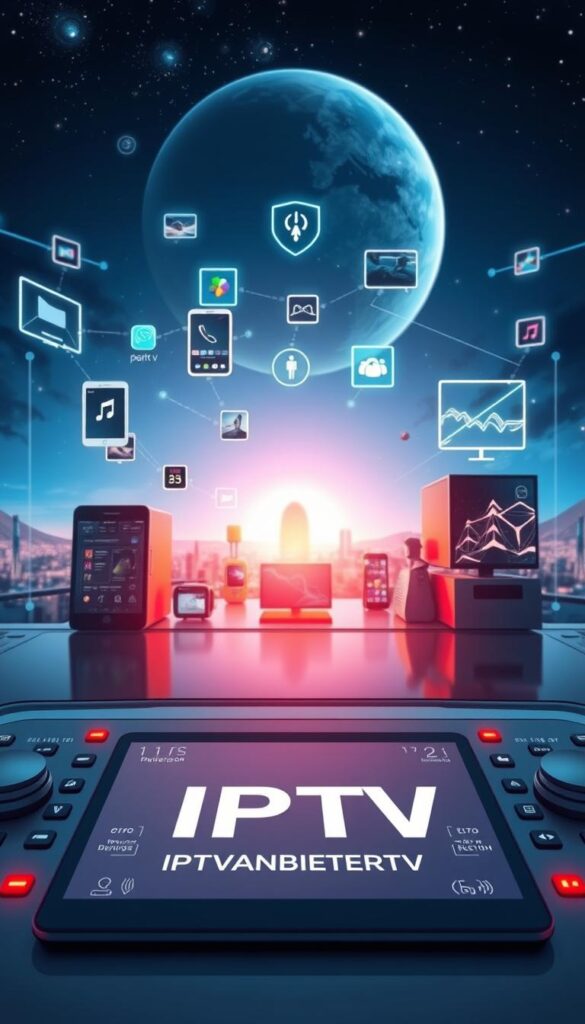 A visually striking and futuristic illustration of "IPTV für lebenslang Vorteile". Showcase a sleek, high-tech control panel with intuitive interfaces, floating holograms, and seamless integration of multiple devices. The foreground should feature the IPTVANBIETERTV brand prominently, with a clean, minimalist aesthetic. The middle ground should depict a range of connected devices, from smartphones to smart TVs, all linked to the central control system. The background should evoke a sense of infinite possibilities, with a futuristic cityscape or cosmic landscape. Use dramatic lighting, bold colors, and a dynamic camera angle to create a striking, immersive composition that conveys the long-term advantages and advanced technology of IPTV.