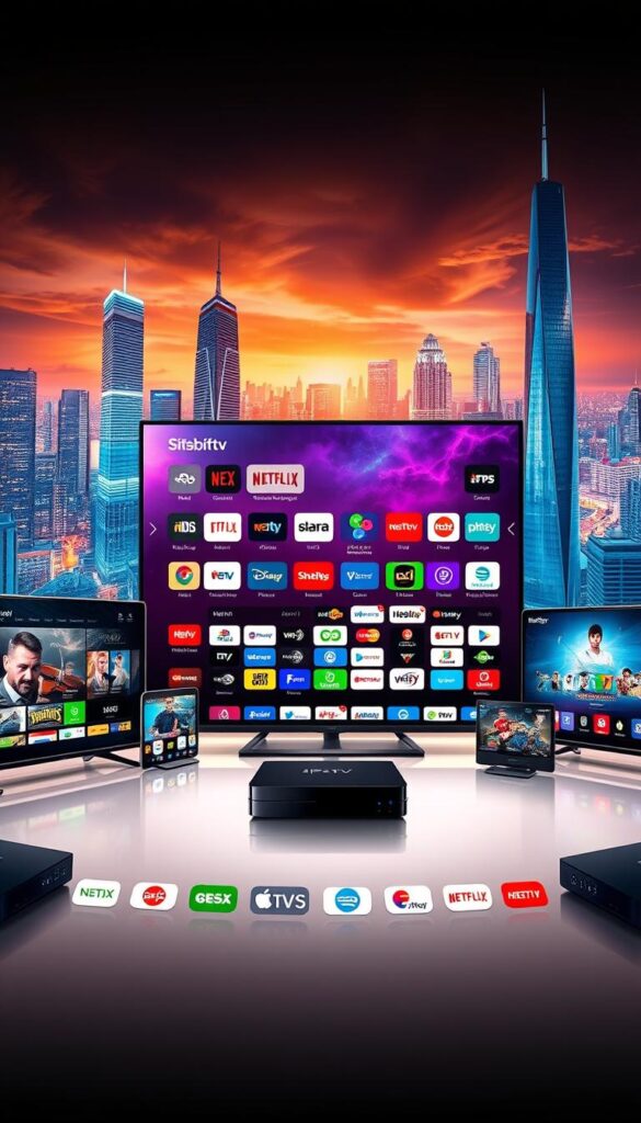 A visually striking and vibrant image showcasing the diverse range of IPTV-Angebote from IPTVANBIETERTV. In the foreground, an array of sleek and modern digital devices, including smart TVs, tablets, and streaming boxes, each displaying a captivating selection of live TV channels, on-demand content, and cutting-edge features. The middle ground features a dynamic grid of channel logos, representing the breadth of programming available, from news and sports to movies and entertainment. In the background, a sophisticated and immersive cityscape, with towering skyscrapers and a vibrant, neon-lit skyline, reflecting the urban, high-tech nature of the IPTV service. The scene is bathed in a warm, ambient lighting, creating a sense of energy and excitement, conveying the seamless and user-friendly experience of IPTVANBIETERTV.