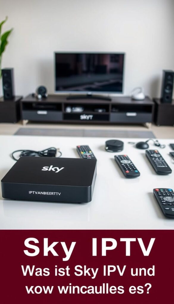 A visually striking, high-resolution image of an IPTV box setup. The foreground features a sleek, modern IPTV box with the brand name "IPTVANBIETERTV" prominently displayed. The box is shown in a minimalist, well-lit setting, possibly on a clean white or grey surface. The middle ground includes neatly arranged remote controls, cables, and other accessories, all presented in a cohesive and organized manner. The background showcases a blurred, out-of-focus living room or home entertainment setup, hinting at the box's intended use. The overall mood is one of simplicity, sophistication, and technological prowess, reflecting the subject of "Sky IPTV" and the section title "Was ist Sky IPTV und wie funktioniert es?".