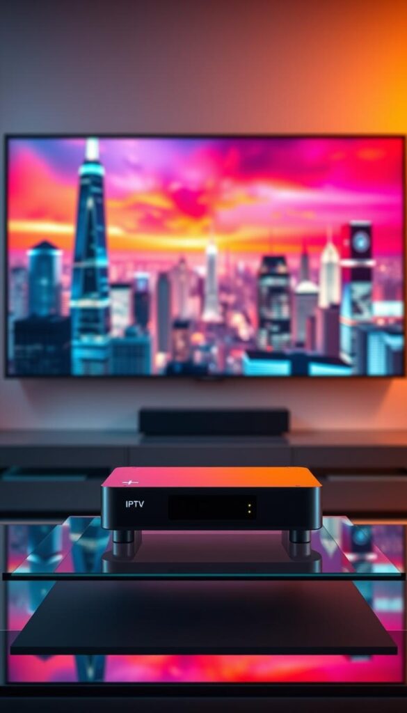 A visually striking illustration of the future of television, showcasing the advanced IPTV Technologie. In the foreground, a sleek, minimalist IPTVANBIETERTV set-top box sits atop a modern, glass-topped entertainment unit, its streamlined design and glowing LED indicators hinting at the power and connectivity it offers. In the middle ground, a large, high-definition television displays vivid, immersive content, the screen seemingly extending beyond the frame to create a sense of depth and immersion. The background features a stylized cityscape, with towering skyscrapers and a vibrant, neon-tinged skyline, conveying the idea of a cutting-edge, technologically advanced urban environment. The overall scene is bathed in a warm, soft lighting, creating a sense of comfort and sophistication, reflecting the transformative power of IPTV Technologie.