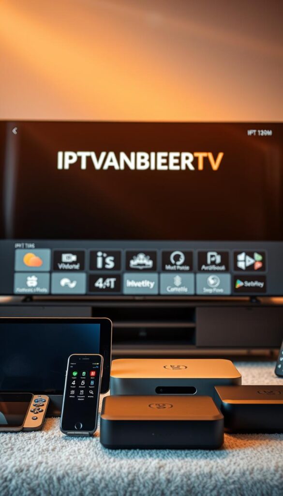 A visually striking image of a long-term IPTV service, showcasing a sleek and modern interface. The frame is dominated by a large, high-definition display showcasing the IPTVANBIETERTV brand prominently. In the foreground, various smart devices such as smartphones, tablets, and streaming boxes are arranged, seamlessly connected to the IPTV service. The middle ground features a clean, minimalist design with subtle branding elements and intuitive navigation menus. The background is softly blurred, creating a sense of depth and focus on the main subject. The lighting is warm and inviting, with gentle highlights that accentuate the premium, high-quality feel of the IPTV service. The overall mood is one of sophistication, reliability, and long-term accessibility, perfectly capturing the essence of the "lebenslanger IPTV-Dienst" concept.