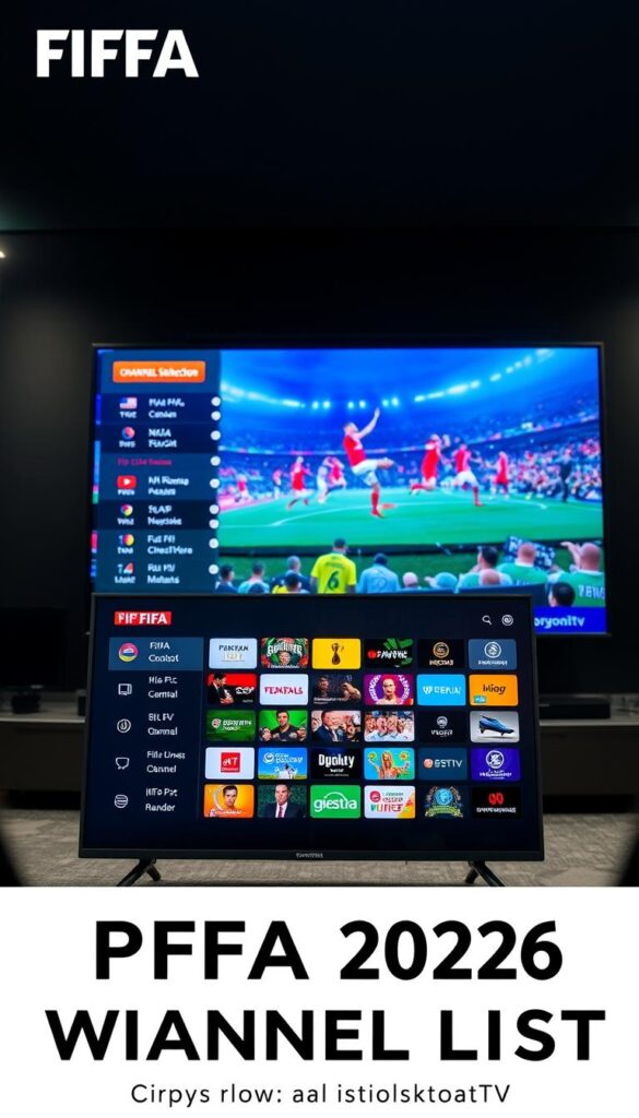 A visually striking image showcasing a comprehensive IPTV channel list for the FIFA 2026 World Cup. The foreground features a sleek, modern IPTVANBIETERTV interface displaying the channel selection, with clear HD icons and intuitive navigation. The middle ground depicts a large, high-resolution screen showing vivid match footage, capturing the excitement and energy of the tournament. In the background, a dimly lit, atmospheric setting with subtle lighting accents the professional, premium quality of the IPTV service. The overall composition conveys a sense of technological sophistication, immersive viewing experience, and readiness for the upcoming FIFA spectacle.
