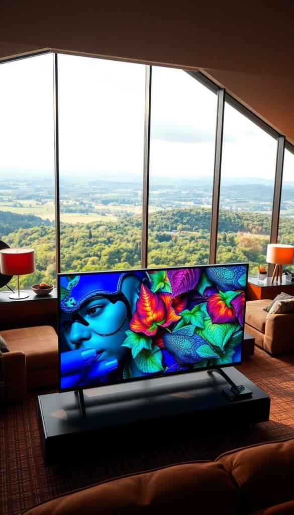 A visually striking scene depicting the "IPTV-Lebenslang" concept. In the foreground, a sleek, modern television set displays a vibrant, high-definition image, showcasing the exceptional visual quality of the IPTVANBIETERTV service. The middle ground features a cozy, well-appointed living room, with comfortable furniture and lush, earthy tones, conveying a sense of long-lasting, premium entertainment. In the background, a vast, panoramic window offers a breathtaking view of a lush, verdant landscape, symbolizing the boundless and enduring nature of the IPTV-Lebenslang experience. The lighting is warm and inviting, creating a welcoming, premium atmosphere. Captured with a wide-angle lens, the image emphasizes the seamless integration of technology and lifestyle, highlighting the "Lebenslanges IPTV M3U" offering from IPTVANBIETERTV.