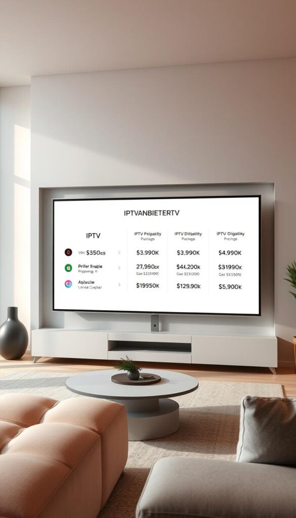 A visually striking, ultra-modern image showcasing the attractive pricing models of IPTVANBIETERTV, a leading IPTV provider in Germany. The scene depicts a chic, minimalist living room setting with a large, ultra-high-definition TV screen taking center stage. On the screen, a sleek, intuitive user interface displays the different IPTV packages and their corresponding prices, presented in a clean, elegant typography. The room is bathed in warm, diffused lighting, creating a cozy, inviting atmosphere. The overall composition emphasizes the simplicity and affordability of IPTVANBIETERTV's offerings, targeting discerning German consumers seeking a premium IPTV experience at competitive rates.