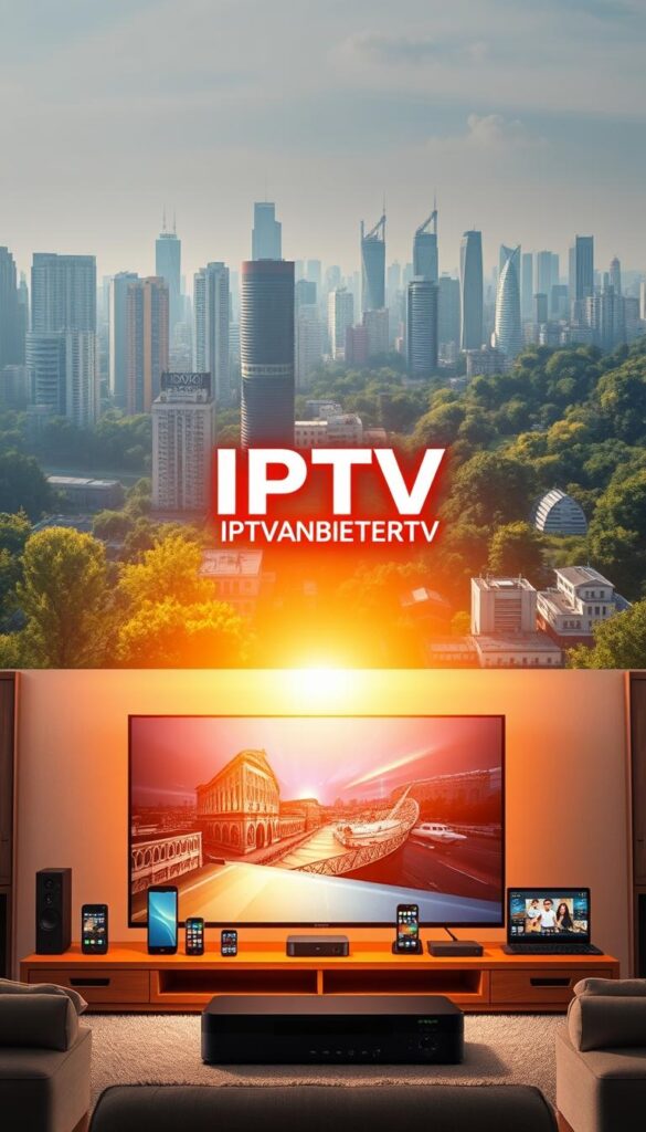 A visually stunning and detailed illustration of the advantages of IPTV over traditional cable or satellite television. Prominently featured in the center is the sleek and modern IPTVANBIETERTV logo, casting a warm glow over the scene. In the foreground, a large, high-definition television displays a crisp, vibrant image, showcasing the superior picture quality of IPTV. The middle ground features a variety of devices like smartphones, tablets, and streaming boxes, representing the flexibility and accessibility of IPTV across multiple platforms. In the background, a cityscape with towering skyscrapers and lush greenery suggests the widespread availability and ubiquity of IPTV services. The lighting is soft and diffused, creating a sense of sophistication and technological advancement. The overall mood is one of progress, convenience, and the future of home entertainment.