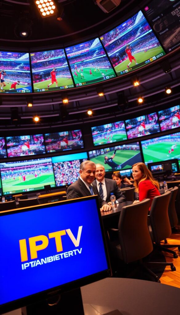 A vivid and dynamic sports broadcast studio, filled with a sense of energy and excitement. In the foreground, a large IPTVANBIETERTV logo is prominently displayed, conveying the brand's presence. The middle ground features several sports presenters, captured in a dramatic low-angle shot, their expressions animated as they discuss the latest IPTV sports content. The background showcases a panoramic view of a state-of-the-art, high-tech control room, with screens and monitors displaying various sports events. The lighting is warm and inviting, creating an atmosphere of professionalism and expertise. The overall composition aims to convey the comprehensive IPTV sports offering, highlighting the brand's commitment to delivering an immersive and engaging viewing experience.