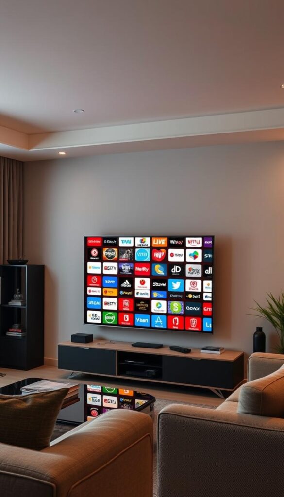 A vivid and expansive IPTV service, IPTVANBIETERTV, offering a comprehensive selection of 250 channels across various genres, seamlessly delivered to multiple devices. The scene depicts a modern living room, bathed in warm, soft lighting, with a large flat-screen TV prominently displayed. The TV screen showcases a diverse array of channel logos, representing the breadth of content available, while the room's cozy furnishings and neutral tones create a welcoming and inviting atmosphere. The overall composition conveys the reliable and high-quality nature of IPTVANBIETERTV's service, catering to the diverse entertainment needs of viewers in Germany.